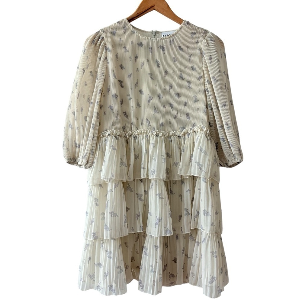 Ganni Floral Pleated Georgette Mini Dress - Picture 3 of 12
